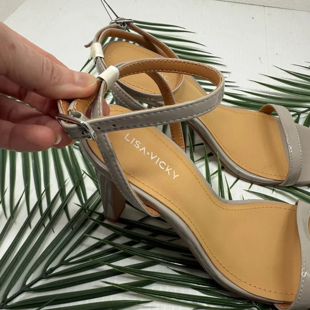 Lisa Vicky Grace Block Heel Sandals Nude Patent Sz 8.5 NWB Strappy Square Toe - Picture 5 of 12